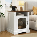 HOOBRO Farmhouse Nightstand Set of 2, with Charging Station, 17.7" Wide Rustic End Tables for Living Room, Wooden Sofa Side Table with Tempered Glass Barn Door and Open Shelf, White and Walnut