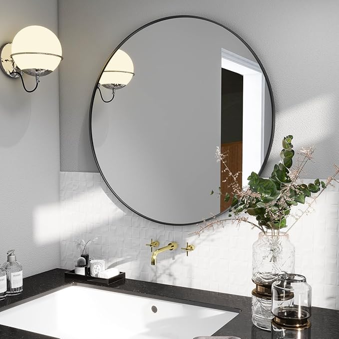 BEAUTYPEAK 20 Inch Round Mirror, Metal Frame Circle Mirror, Wall Mounted for Entryway, Bathroom, Vanity, Living Room, Black