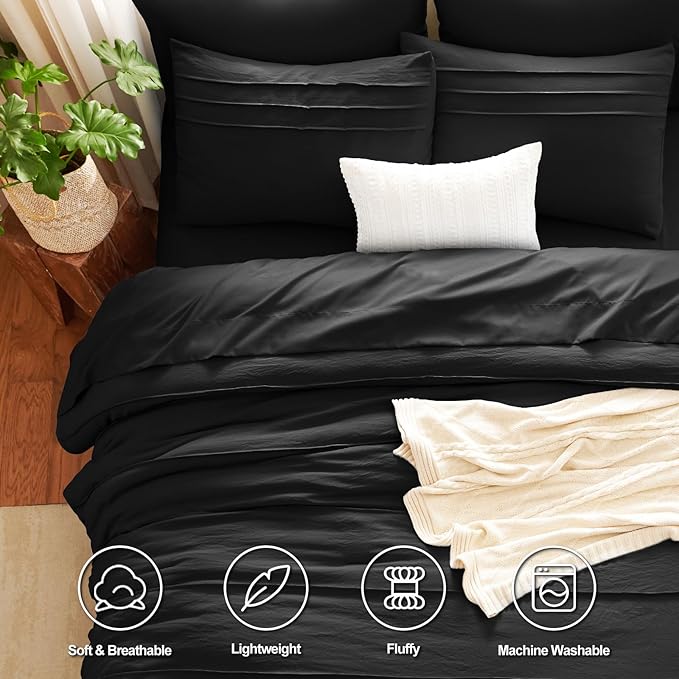 CozyLux Full Size Comforter Sets Black, 7 Pieces Soft Pinch Pleat Bed in a Bag Full Comforter Set with Sheets, Boho Bed Set with Down Alternative Comforter, Sheets, Pillowcases & Shams