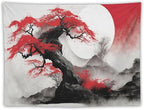 Cherry Blossoms Tapestry,Japanese Red Landscape Asian Watercolor Abstract Art Tapestry,Japanese Wall Tapestry, Nature Landscape Tapestries for Bedroom Living Room Decor 80"x60"