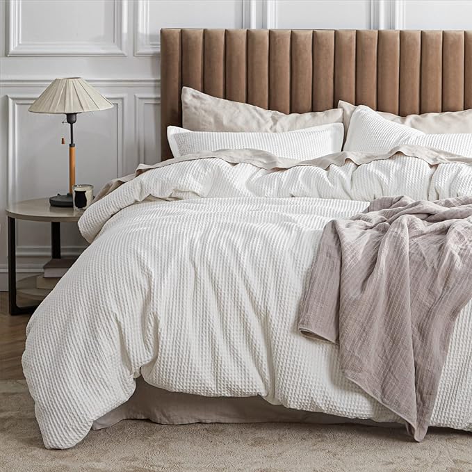 Bedsure Cotton Duvet Cover Set - 100% Cotton Waffle Weave Coconut White Duvet Cover Oversized King Size, GentleSoft™ and Breathable Bedding Set for All Season, 3 Pieces, 120"x98"