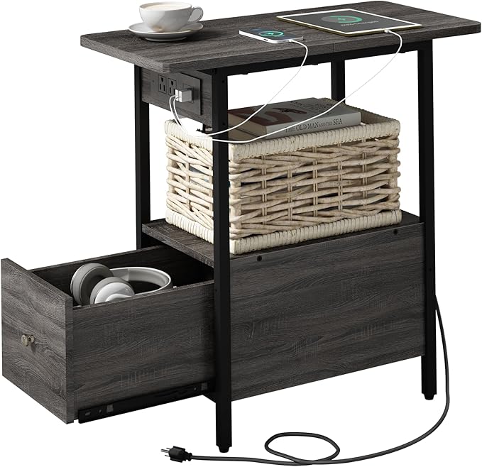 LIDYUK End Table with Charging Station, Narrow Side Table with Drawer and USB Ports & Power Outlets, Nightstand Bedside Tables for Small Spaces, Bedroom, Living Room, Dark Grey