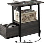 LIDYUK End Table with Charging Station, Narrow Side Table with Drawer and USB Ports & Power Outlets, Nightstand Bedside Tables for Small Spaces, Bedroom, Living Room, Dark Grey