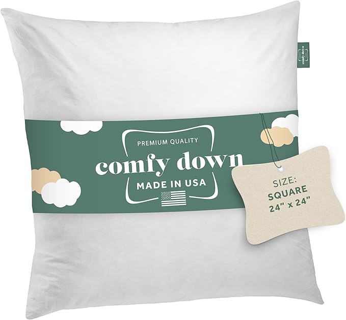 ComfyDown 24X24 Decorative Throw Pillow Insert, Down and Feathers Fill, 100% Cotton Cover 233 Thread Count, Square Pillow Insert - Made in USA