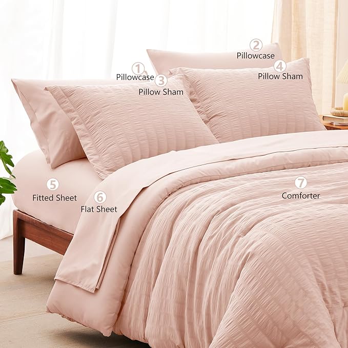 CozyLux Full Size Comforter Sets with Sheets Seersucker 7 Pieces Blush Pink Bed in a Bag Textured Luxury Soft Bedding Set with Down Alternative Comforter, Sheets, Pillowcases & Shams for All Seasons