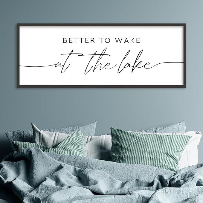 SRSZHIYUE Better To Wake At The Lake Wall Decor Above Bed Sign 32"×12" for Lake House Bedroom Over Bed Large Wood Framed Wall Hanging Art (Black)