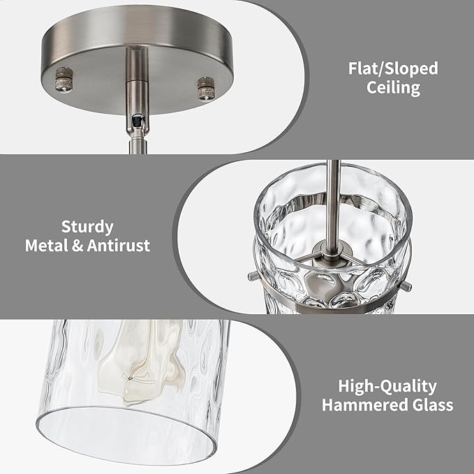 Brush Nickel Hammered Hand-Blown Glass Pendant Light Fixtures, Pendant Lights Kitchen Island Modern Kitchen Island Lighting Dining Room Light Farmhouse Island Lights Sink 2 Pack