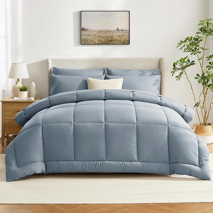 CozyLux Queen Comforter Set Grayish Blue, 7 Pieces Bed in a Bag, Blue Comforter Queen Size, All Season Bedding Sets with Stitch Quilted Comforter, Flat Sheet, Fitted Sheet, Pillowcases