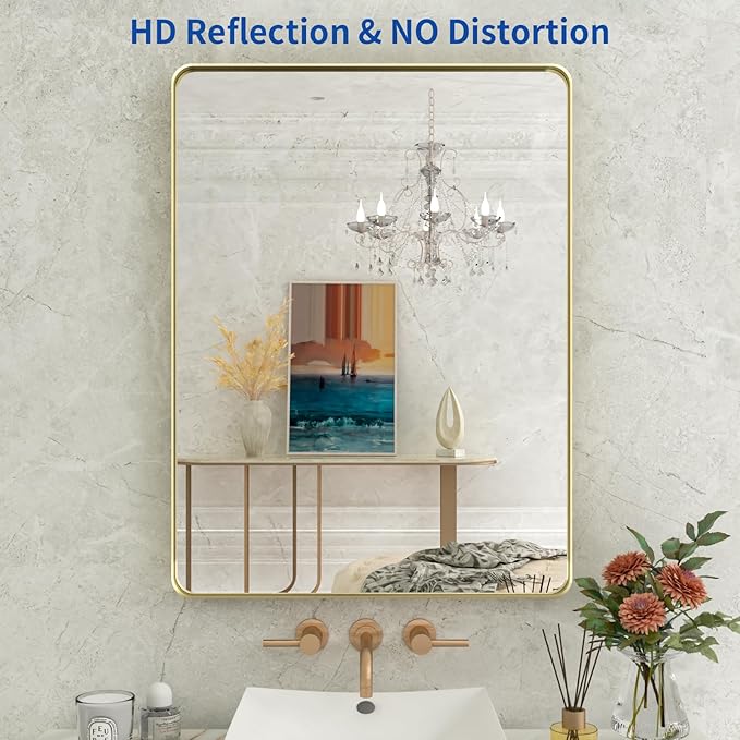 WEER Gold Bathroom Mirror, 24X32 Inch Brushed Gold Metal Frame Mirror, Rounded Rectangle Gold Bathroom Vanity Mirror for Wall, Tempered Glass, Anti-Rust, Hangs Horizontally or Vertically