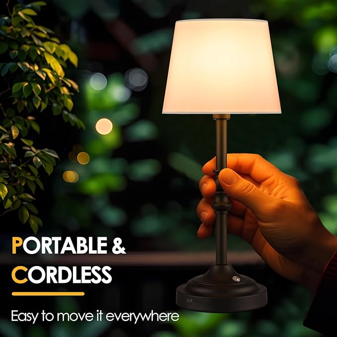 GGOYING Set of 2 Rechargeable Cordless LED Table Lamps, 4-Level Dimmer, Black Portable Desk Lamps with White Fabric Shades, Night Light for Dining, Bedroom and Patio