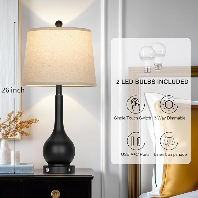 26" Black Table Lamps Set of 2 for Living Room, Touch Control Bedside Lamp for Bedroom, 3-Way Dimmable Nightstand Lamp with USB A+C Port (2 LED Bulbs Included)