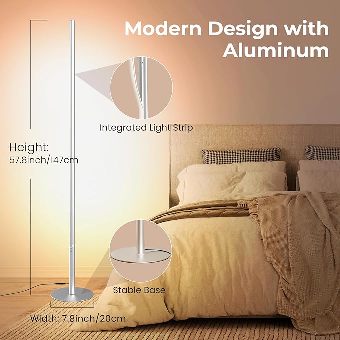 LED Corner Floor Lamp, Set of 2 Minimalist Dimmable Light with Remote, 2700-6500k Color Temperature Stepless Adjustable, 58" Tall Standing Lamp for Living Room, Bedroom, Office, Silver