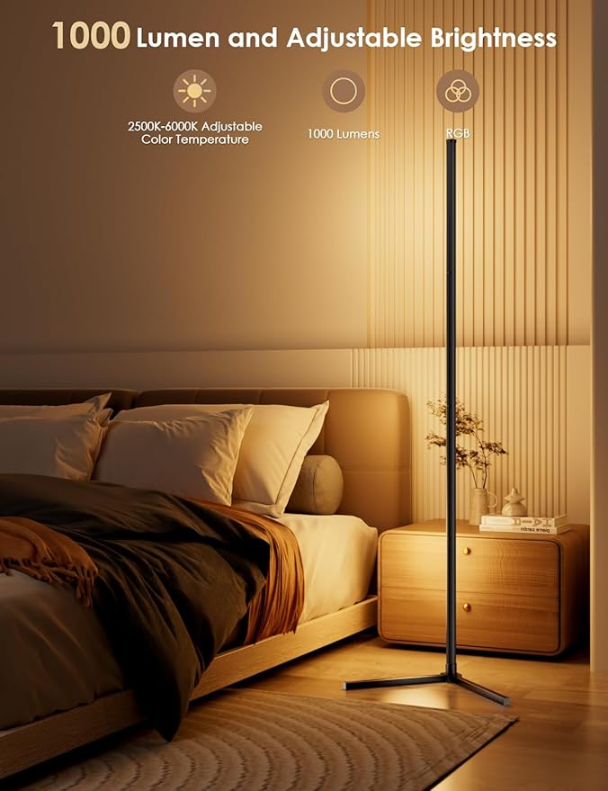 RGB Corner Floor Lamp, 64.5" RGB Color Changing Led Floor Lamp for Living Room APP and Remote Modern Light Bar with Music Sync and 16 Million Colors Dimmable Ambient Lighting for Bedroom