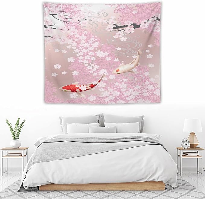 Houselerax Japanese Koi Fish Tapestry, Cherry Blossoms Asian Oriental Pink Flower Branch Koi Fish Carp Tapestries Wall Hanging for Bedroom Living Room Office Decor 60"x50"