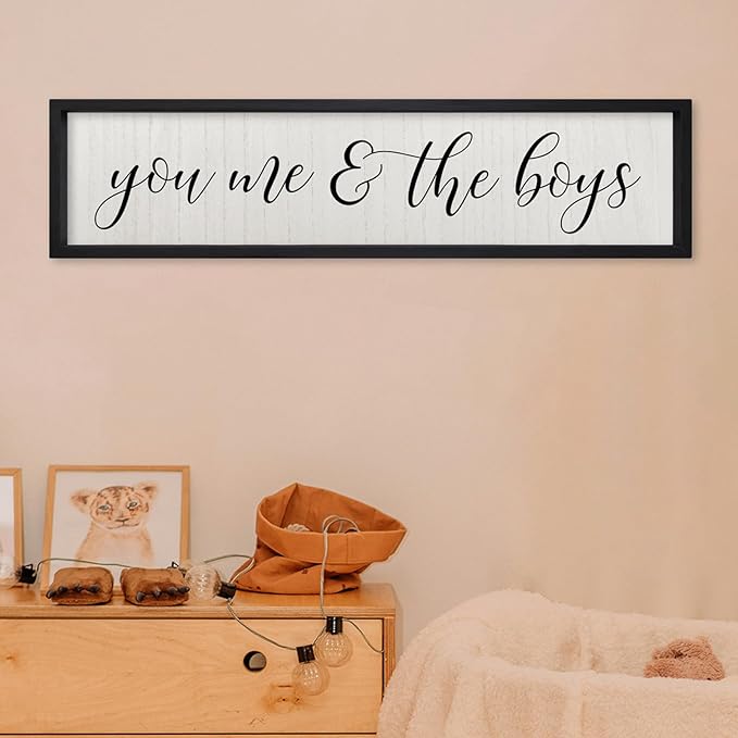 ZZJJHYWGQ You Me & The Boys Sign 32"×8" Playroom Kids Wall Decor Modren Nursery Baby Boy Home Wood Framed Living Room Horizontal Wall Art (Black)