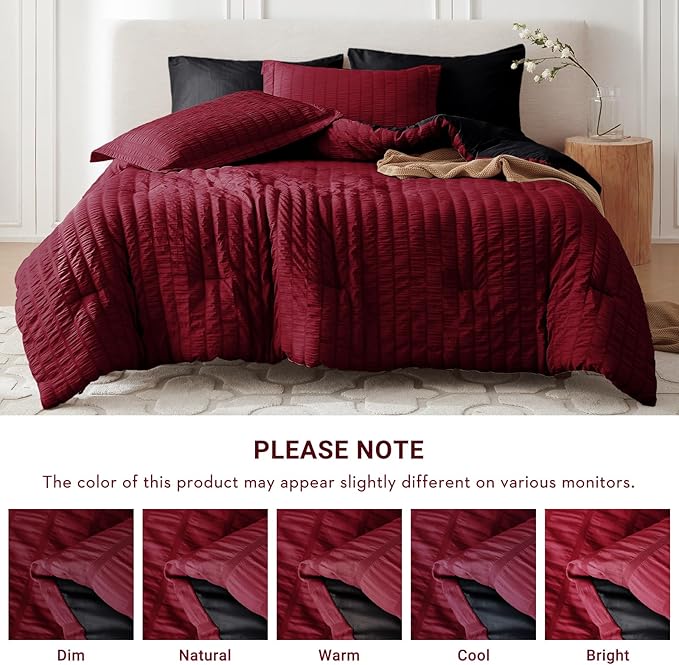 MUXHOMO 7 Pieces Queen Comforter Set, Seersucker Bed in a Bag Queen Size, All Season Luxury Bedding Set with Comforter, Flat Sheet, Fitted Sheet, Pillowcases & Shams, Red & Black