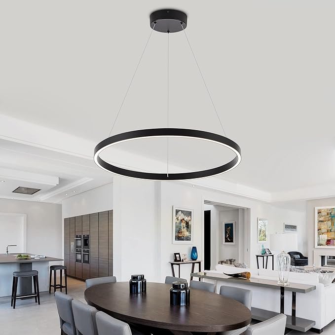 Modern Led Chandelier, 1 Ring Contemporary Led Chandelier Circular Pendant Light, Black Dimmable Hanging Ceiling Light Fixture for Living Room Dining Room Bedroom Kitchen