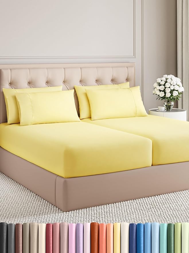 Split King Sheets Set 7 Piece - Includes 4 Pillowcases - Bed Sheets Split King - Soft Hotel Luxury Bedding - Cooling, Comfy & Breathable - 1 Flat & 2 Fitted & 4 Pillowcases w/ Deep Pockets - Yellow