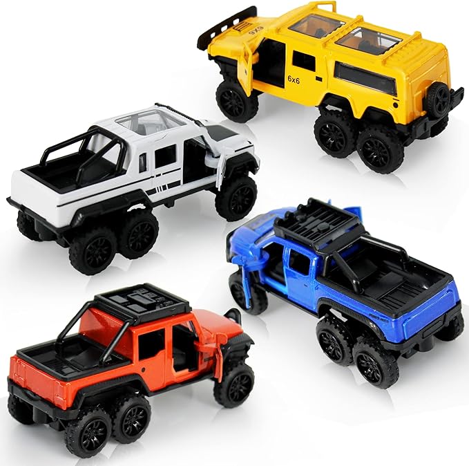KIDAMI Diecast Toy Trucks 4 Pack Die Cast Metal Toy Cars Pull Back Cars Openable Doors Off-Road Vehicles Birthday Gift for Boys and Toddlers (Original)