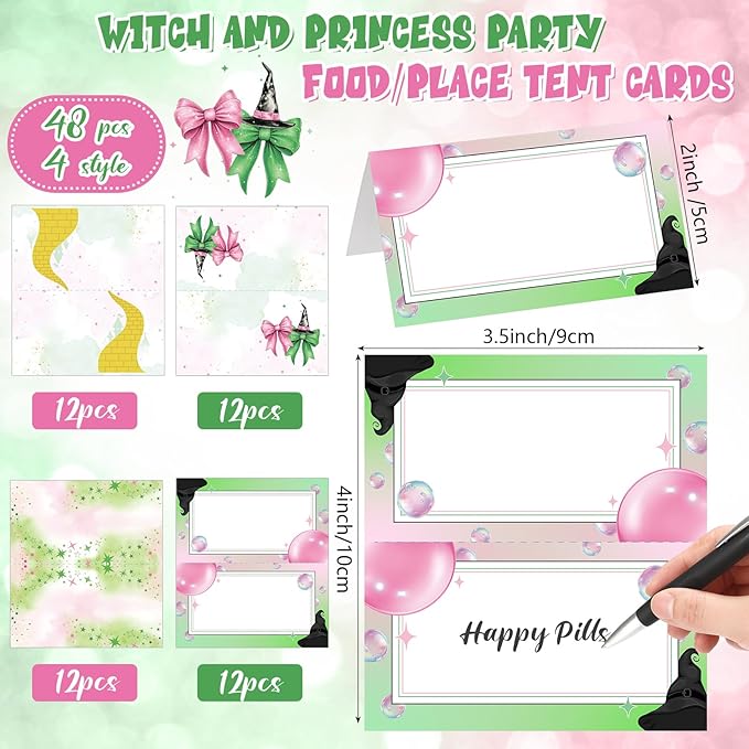 Tellingyou 48 Pcs Pink and Green Party Decorations Place Setting Cards Name Tent Cards for Table Setting Witch Party Table Decor for Sorcery-themed Book Clubs Witch Invitation Bingo Game.