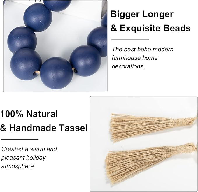 OMISHE 60" Long Extra Large Wood Bead Garland in Navy Blue with 1.6" Diameter Wooden Beads and Tassels, Rustic Farmhouse Country Decorative Beads for Home Decor, Navy Blue