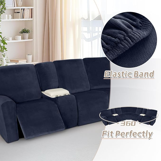Arfntevss Sectional Recliner Couch Covers Velvet Washable Corner Sectional Sofa Cover for Reclining Couch Stretch Soft Thick L Shape Recliner Slipcover Set (5 Seat with 2 Console Cover, Dark Blue)
