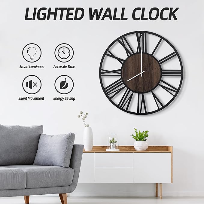 LEIKE Large Wall Clocks with Night Light Battery Operated,Silent Non Ticking,Rustic Modern Big Wood Clock for Living Room, Bedroom,Kitchen,Farmhouse,Office,Home Decor-30 Inch(Roman Numerals)