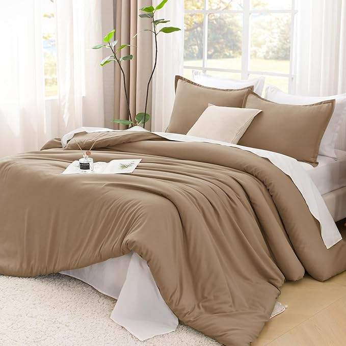 Litanika Comforters Taupe Super King Plus Size, 3 Pieces Lightweight Solid Bedding Set & Collections, All Season Fluffy Bed Set (128x120In Comforter & 2 Pillowcases)