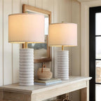 PoKat 27" Stone-Like Farmhouse Ceramic Table Lamps Set of 2 for Bedroom, Rustic Nightstands Lamps for Night Stands, Distressed Neutral Bedside Lamps with Natural Textured for Living Room, Home Decor