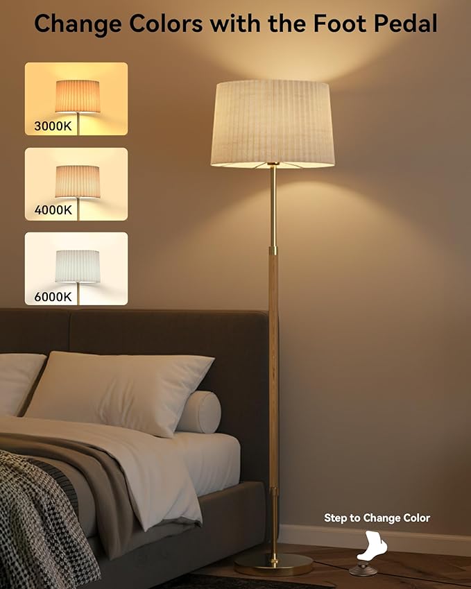 JOOFO Mid-Century Modern Wood Floor Lamp with Dual Fabric Shade, Remote Control, Dimmable & Adjustable Color Temperature, Reading & Living Room Lamp, Easy Clean Cover, Foot Switch