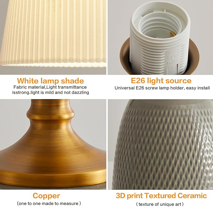 Gray Textured Ceramic Table Lamps 22.75", Modern Bedroom Table Lamp Decor for Living Room Bedroom Office Desk End Bedside Tables