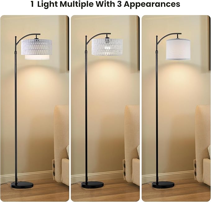 Arc Floor Lamp for Living Room,Farmhouse Floor Lamps with Remote Control & Dimmable Bulb,White Rattan Boho Tall Standing Lamp for Bedroom Office