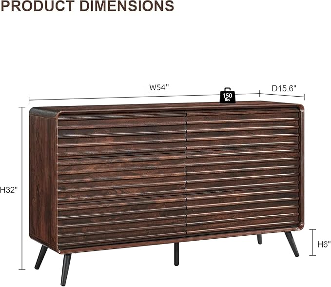 RedLemon 6 Drawers Dresser for Bedroom, 54'' Wide Mid Century Modern Wood Fluted Double Dresser, Chest of Drawers with Tapered Leg for Bedroom, Living Room, Hallway, Closet, Dark Walnut