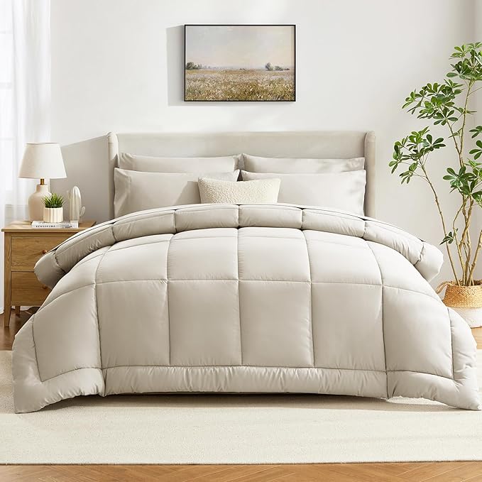 CozyLux Queen Comforter Set Oatmeal, 7 Pieces Bed in a Bag, Oatmeal Comforter Queen Size, All Season Bedding Sets with Stitch Quilted Comforter, Flat Sheet, Fitted Sheet, Pillowcases