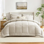 CozyLux California King Comforter Sets Oatmeal, 7 Pieces Cal King Bed in a Bag, All Season Bedding Sets with Stitch Quilted Comforter, Flat Sheet, Fitted Sheet, Pillowcases