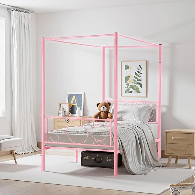 VEVOR Canopy Bed Frame Twin Size, Metal Canopy Bed with Minimalist Headboard & Four Posters Design, Heavy Duty Steel Slats Support, Underbed Storage Space, No Box Spring Needed, Easy Assembly, Pink