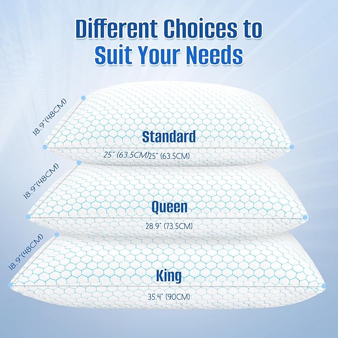 Shredded Memory Foam Pillow for Sleeping, Cooling Bed Pillows Set of 2, Adjustable Pillows for Side, Back, Stomach Sleepers with Washable Pillowcase (King Size, Blue)
