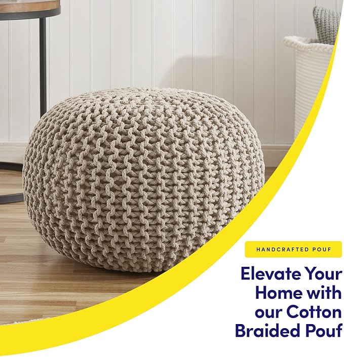 Pouf Ottoman Foot Rest Stuffed – 20” Diameter x 14” Tall Cozy Floor Pouf for Living Room, Bedroom, Nursery & More – 100% Cotton Knit Shell, EPS Bead Filled Footrest & Accent Chair, Beige