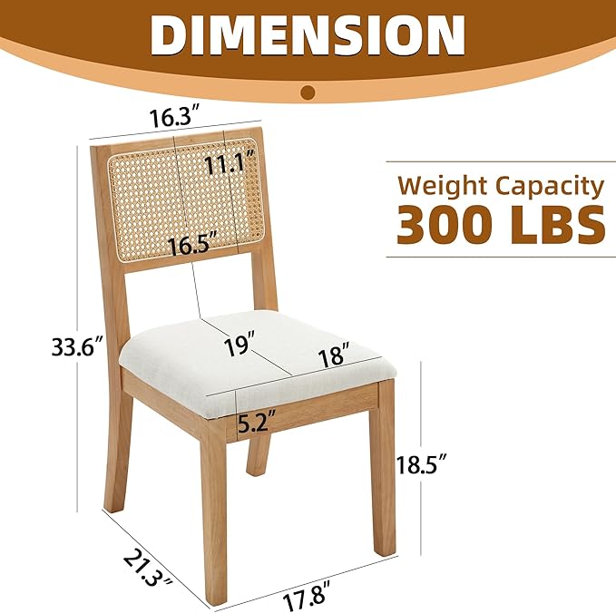 Westice Rattan Dining Chairs Set of 4, Farmhouse Natural Dining Room Chairs with Upholstered Cushion, Wood Armless Chairs for Kitchen/Restaurant