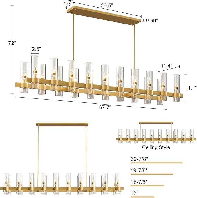 Brass Kitchen Island Lighting-20-Light Linear Chandelier, Adjustable 67.7'' Modern Farmhouse Rectangle Pendant Light Fixtures, Dining Room, Bedroom