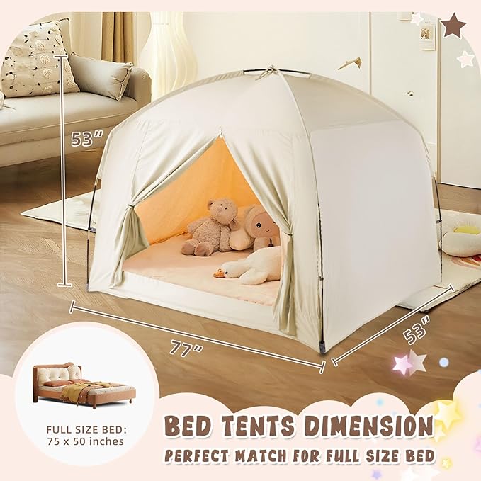 Bed Tents for Kids and Adult, Portable 100% Breathable and 85% Blackout Toddler Dream Play Tent, 3 Doors Privacy Space Sleeping Canopy for Indoor Floor or Twin Full Queen Sizes Bed (Khaki, Full-Size)