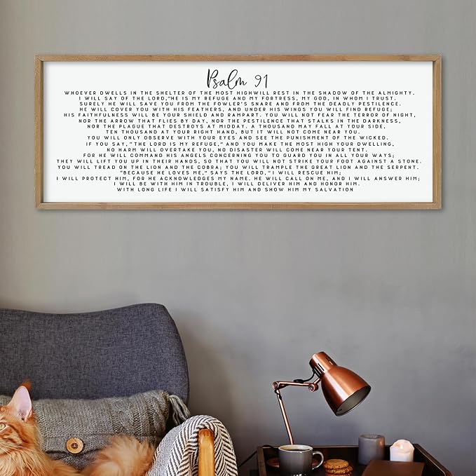 LuZhiQiang Psalm 91 Wall Decor Art 40"×15" Bible Verse Sign for Family Bedroom Christian Large Wood Framed Wall Hanging (Wood)