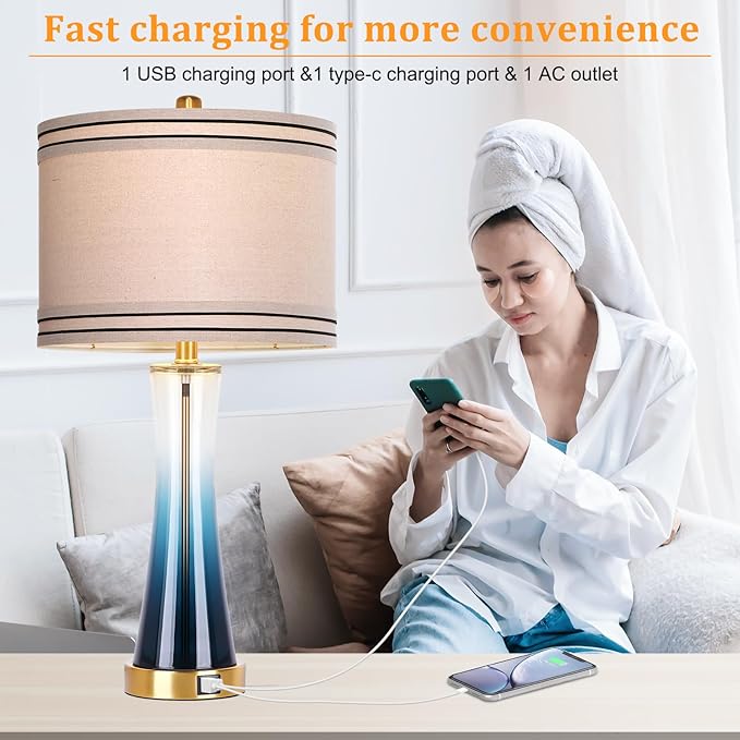 27.4''Table Lamps for Living Room Set of 2，3-Way Dimmable Modern Glass Bedside Lamps with USB Ports，Tall Lamps for Night Stands，Touch End Table Lamps for Bedroom Desk Lamps for Home Office（Blue）