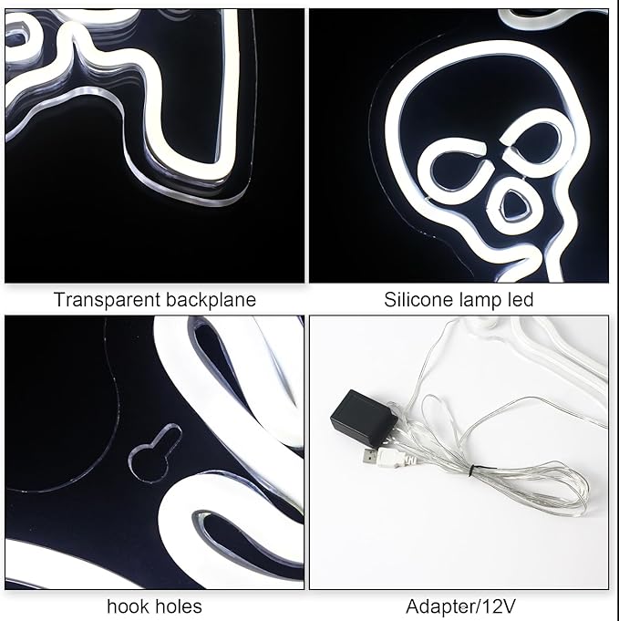 WLHOPE Skull Neon Signs - White LED Skeleton Skull Signs for Wall Decor, Halloween Decor, USB Waving Ghost Neon Light Up Signs for Bedroom, Kid's Room, Bar, Club, Shops, Party Decoration