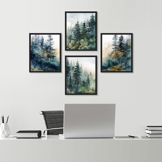 SIGNWIN Framed Poster Green & Teal Watercolor Forest Pine Trees Nature Wilderness Photography Realism Decorative Rustic Cozy Zen for Living Room, Bedroom, Office - 12"x16"x 4 Black