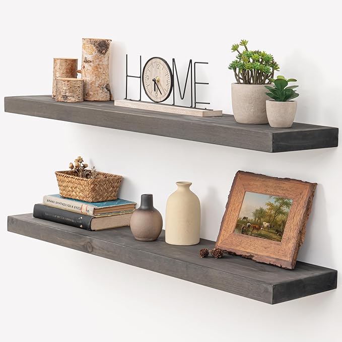 Marsmiles Floating Shelves for Wall - 36 Inch Grey Wood Floating Shelves Set of 2-36 Inch Wide x 7.7 Inch Deep x 1.6 Inch Thick Rustic Wooden Shelves for Room Wall
