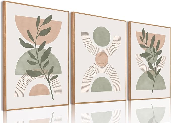 Bwodke Boho Wall Art, Framed Abstract Wall Art, Green Botanical Neutral Canvas Wall Decor, Large Mid Century Plant Pictures Set of 3, Modern Minimalist Paintings, for Bedroom Living Room Bathroom