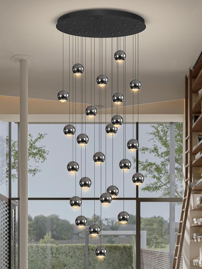Farmhouse Crystal Chandelier, Luxury Hanging Lights High Ceiling Pendant Lighting for Foyer Staircase 24 Lights Black Chandelier Dimmable 2700k-6000k