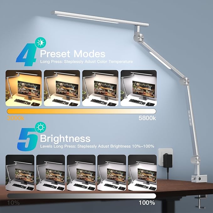 VERSKI LED Desk Lamp, Dual Light Source 18W Brightest, Eye-Caring Optical Lens, Task Lamp with 5 Color Modes & Brightness, Aluminum Alloy Clip or Clamp