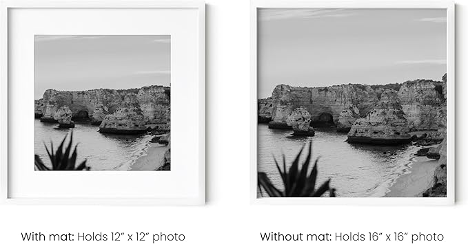 HAUS AND HUES 16x16 White Metal Picture Frame Matted to 12x12 - Features Premium Aluminum & Hanging Hardware, Shatterproof Plexiglass - Ideal for Home, Room, Office (16x16 in, White, Set of 1)